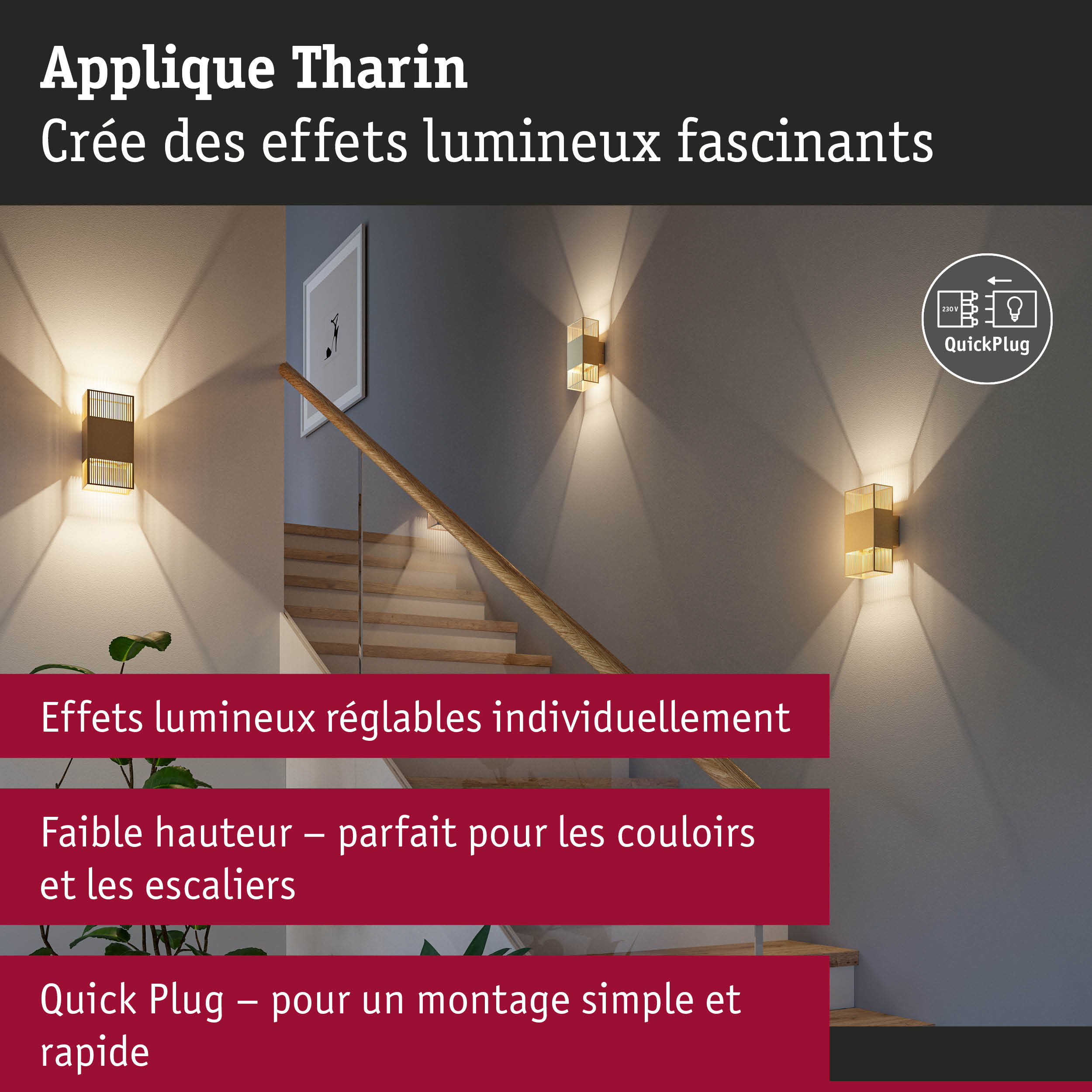 Applique Tharin dorée avec effets lumineux réglables, parfaite pour couloirs et escaliers