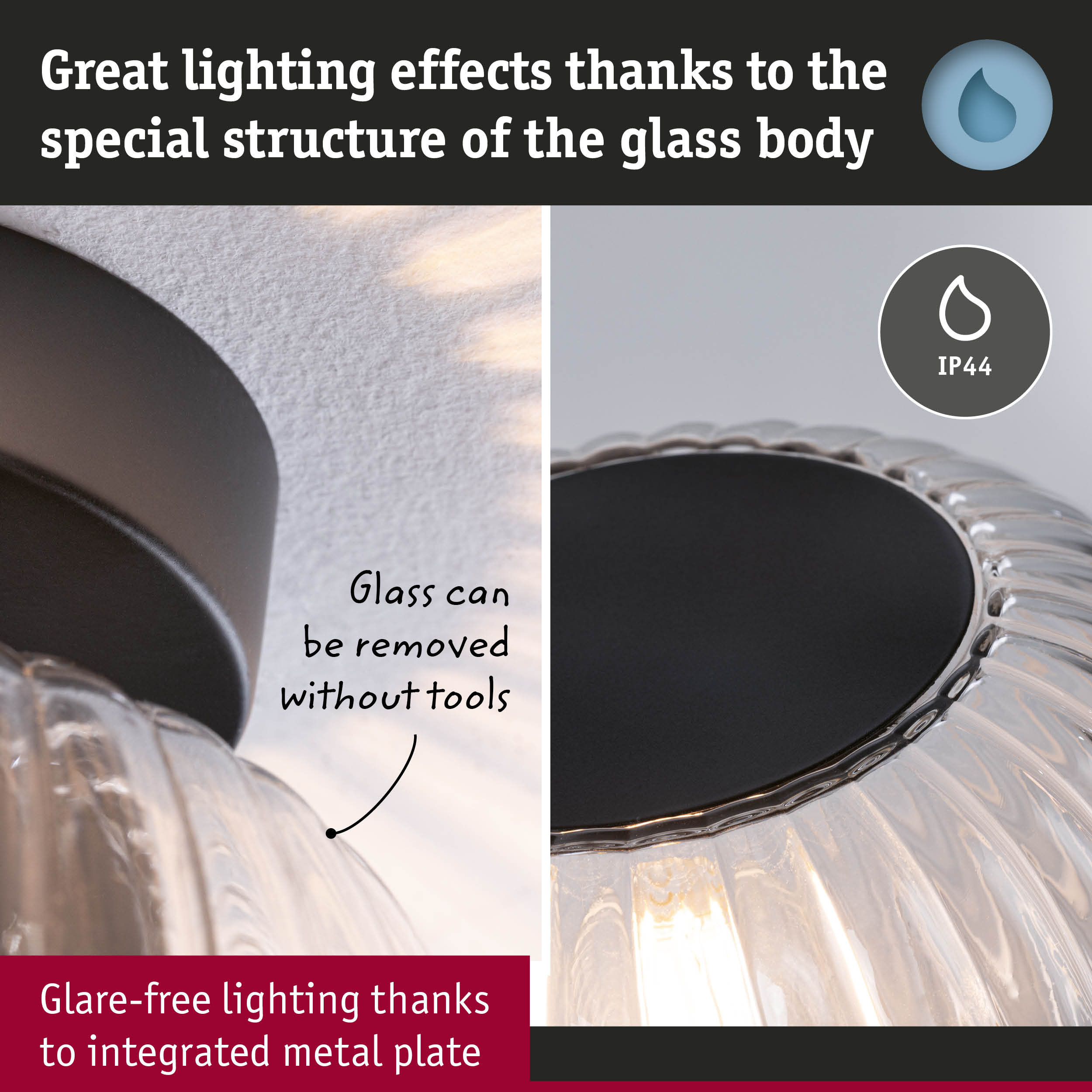 Glass lamp with removable glass body and integrated metal plate for glare-free lighting