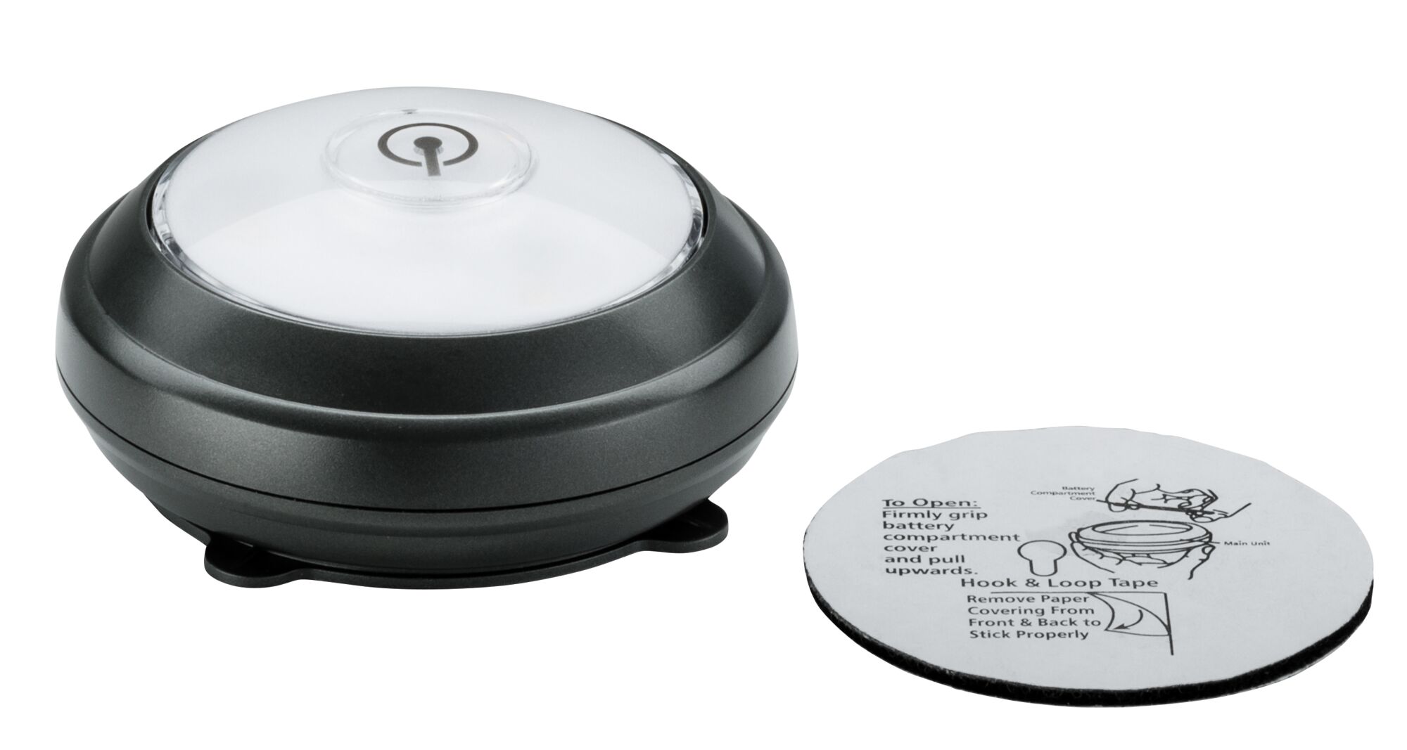 Zwarte LED-lamp met doorzichtige kap en plakstrip met instructies voor eenvoudige montage