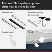 Modulair URail railsysteem met witte en zwarte rails, connectoren en witte spots voor flexibele verlichting