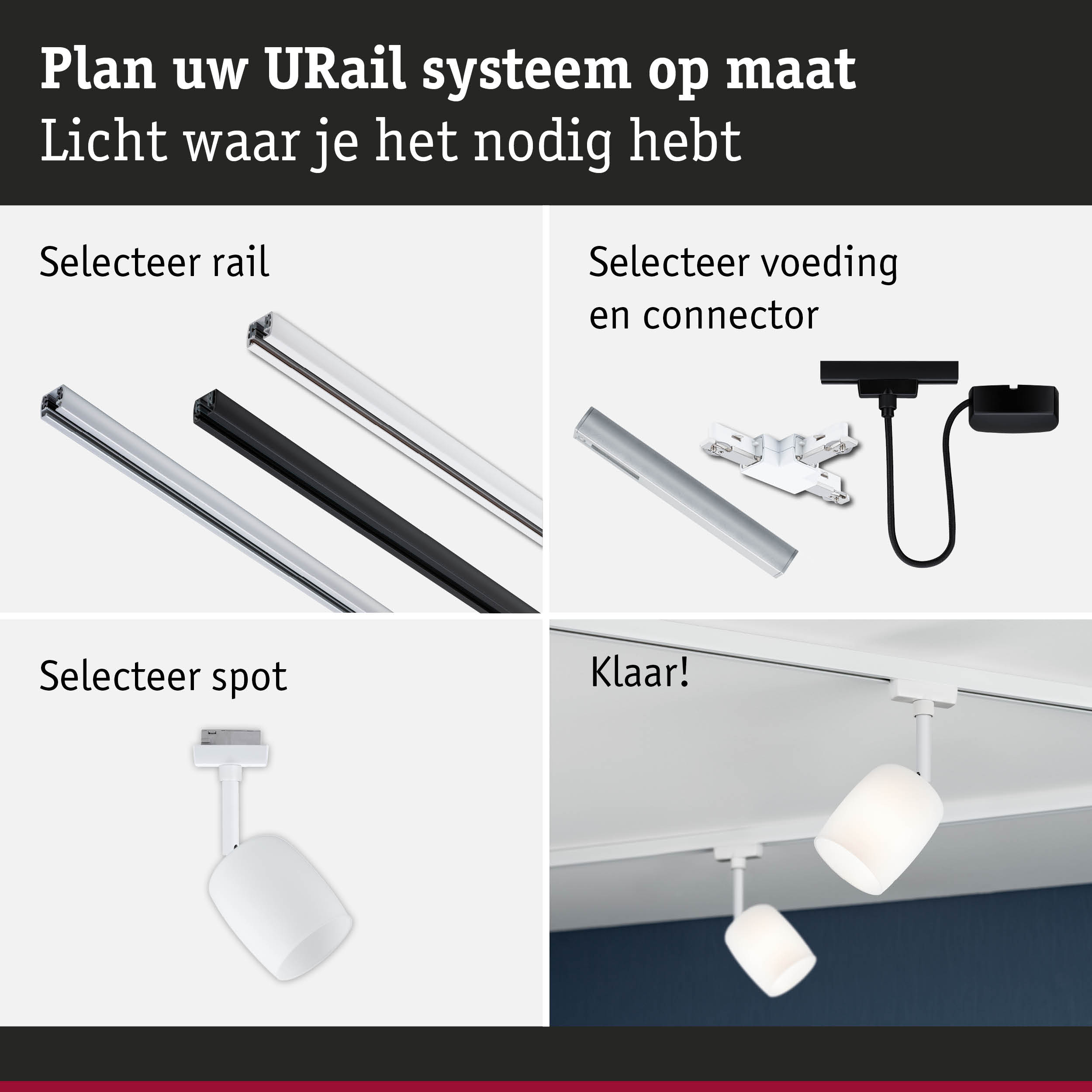 Modulair URail railsysteem met witte en zwarte rails, connectoren en witte spots voor flexibele verlichting