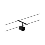 Black metal LED cable spotlight with cylindrical design for modern lighting systems and interiors