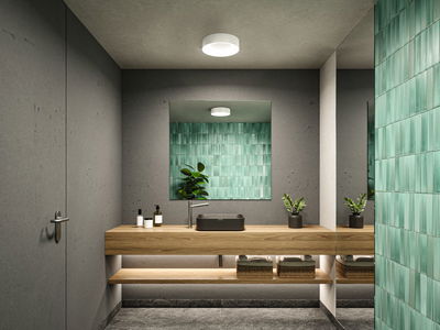 Modern bathroom with wooden vanity, grey sink, and white ceiling light providing indirect illumination