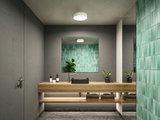 Modernes Badezimmer mit Holzwaschtisch, grauem Waschbecken und weißer Deckenleuchte für indirekte Beleuchtung