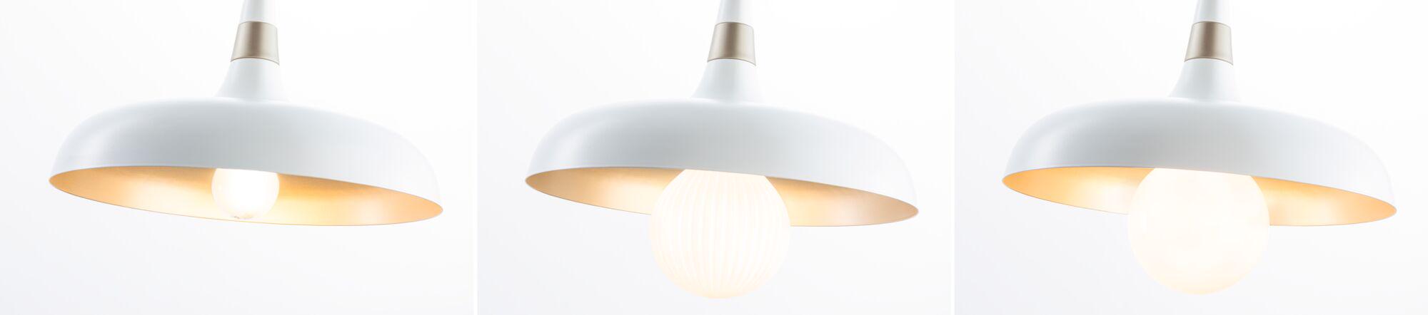 Modern white metal pendant light with gold interior ring and round LED bulb for living spaces