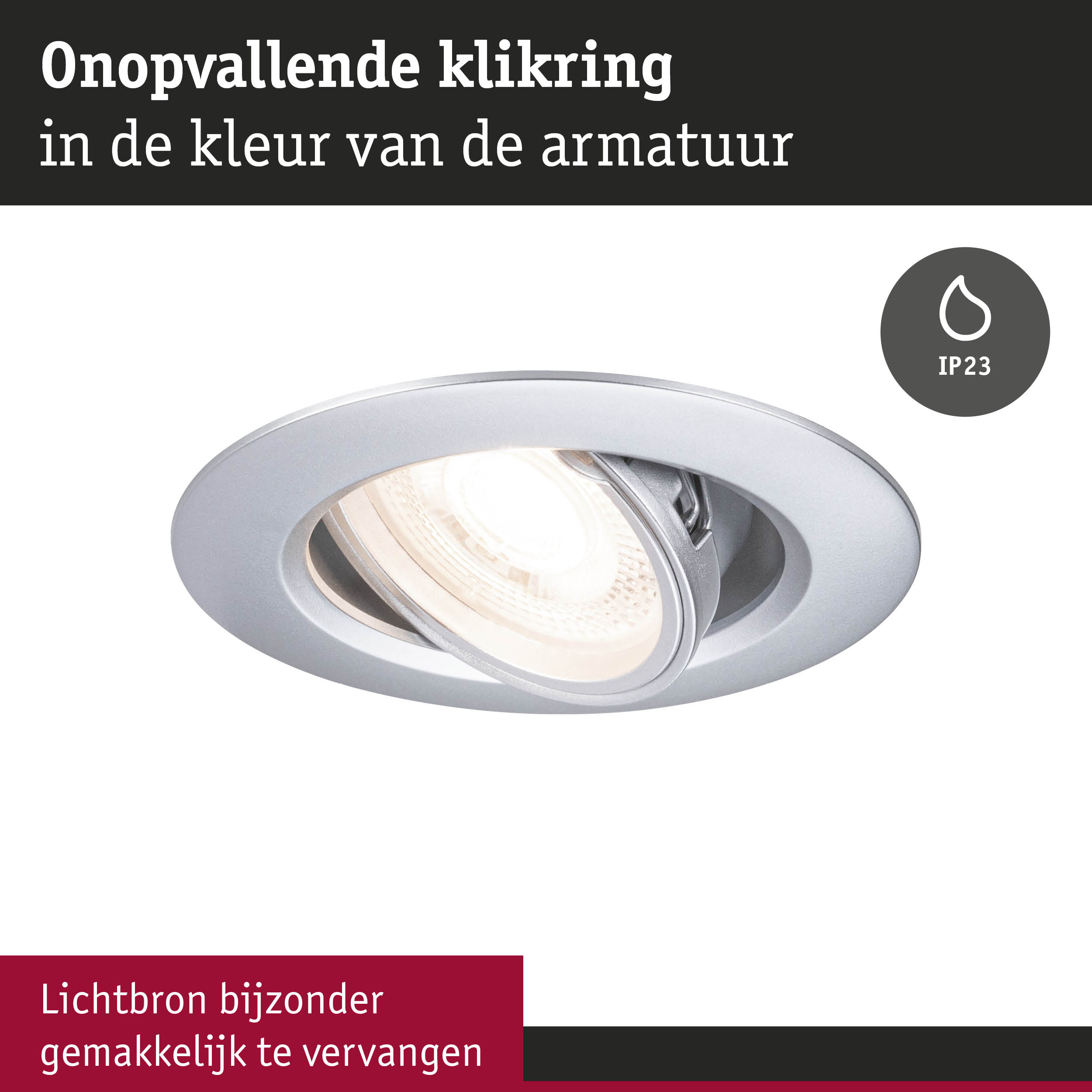Ronde inbouwspot van zilverkleurig metaal met IP23 en eenvoudig te vervangen lichtbron