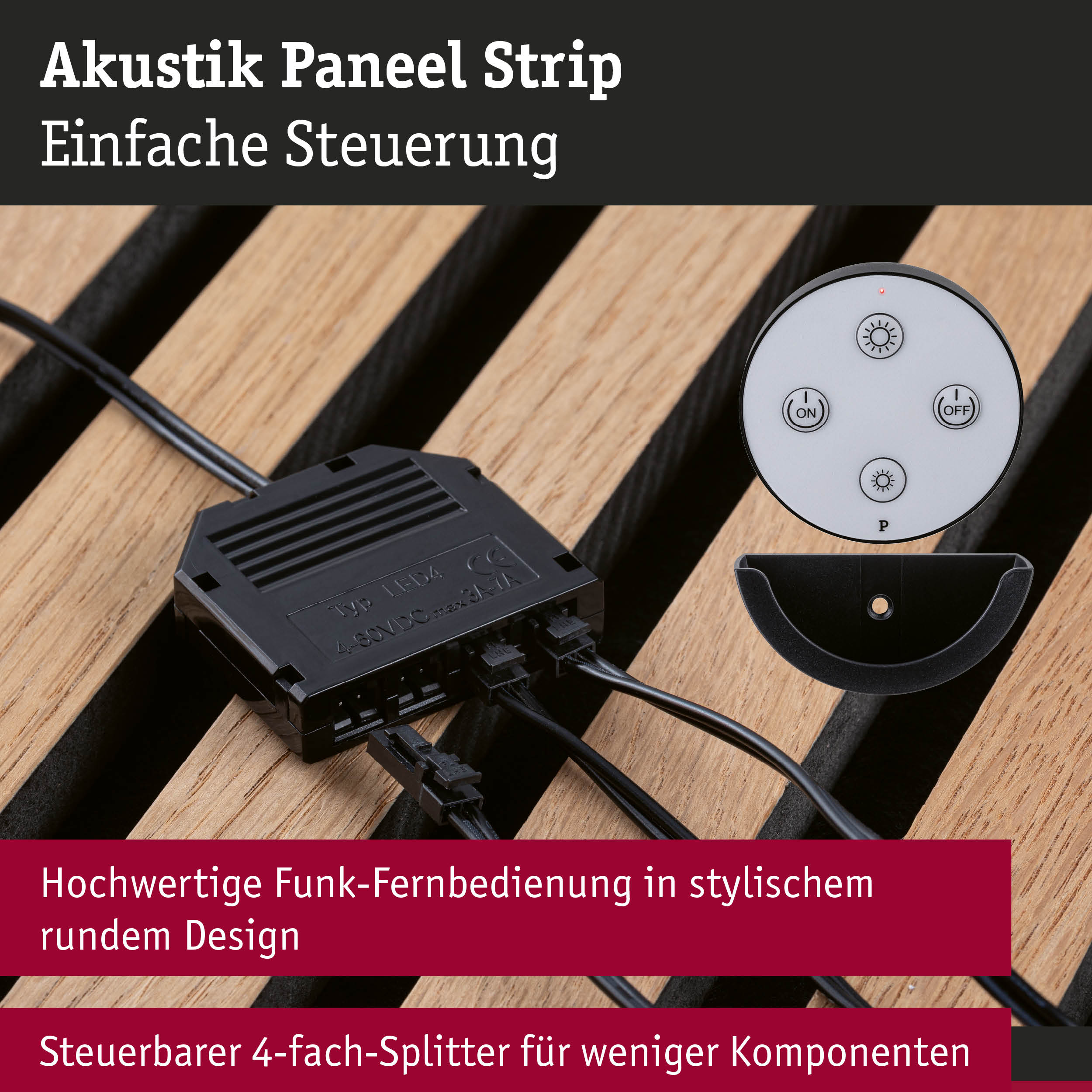 Akustik Paneel Strip mit schwarzem Kunststoff-Splitter und runder Funk-Fernbedienung auf Holzuntergrund