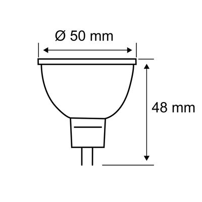 Technical drawing of GU5.3 LED bulb with 50 mm diameter, 48 mm height, and 2700 K warm light color