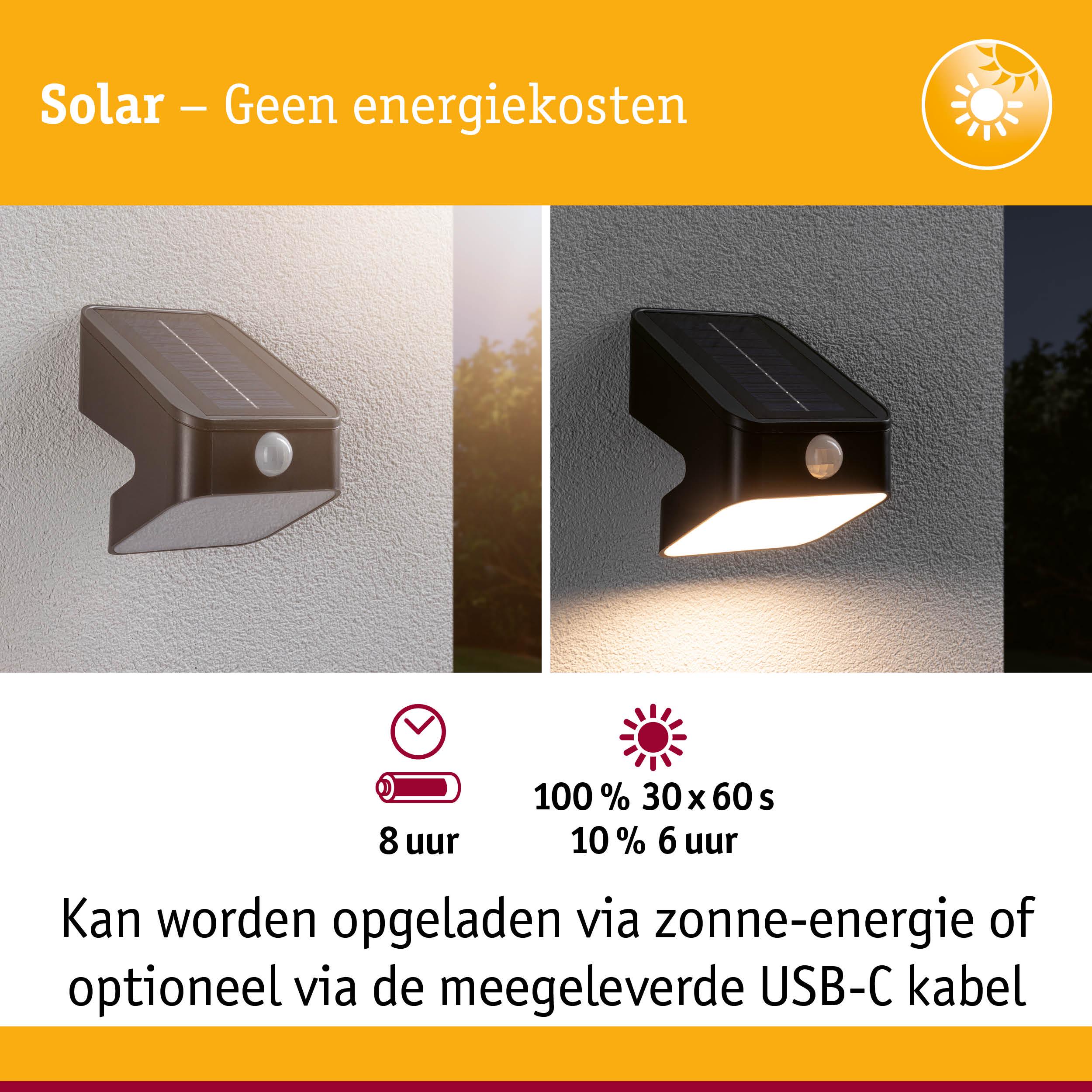 Zwarte solar wandlamp met bewegingssensor, overdag uit en 's nachts helder, oplaadbaar via USB-C-kabel