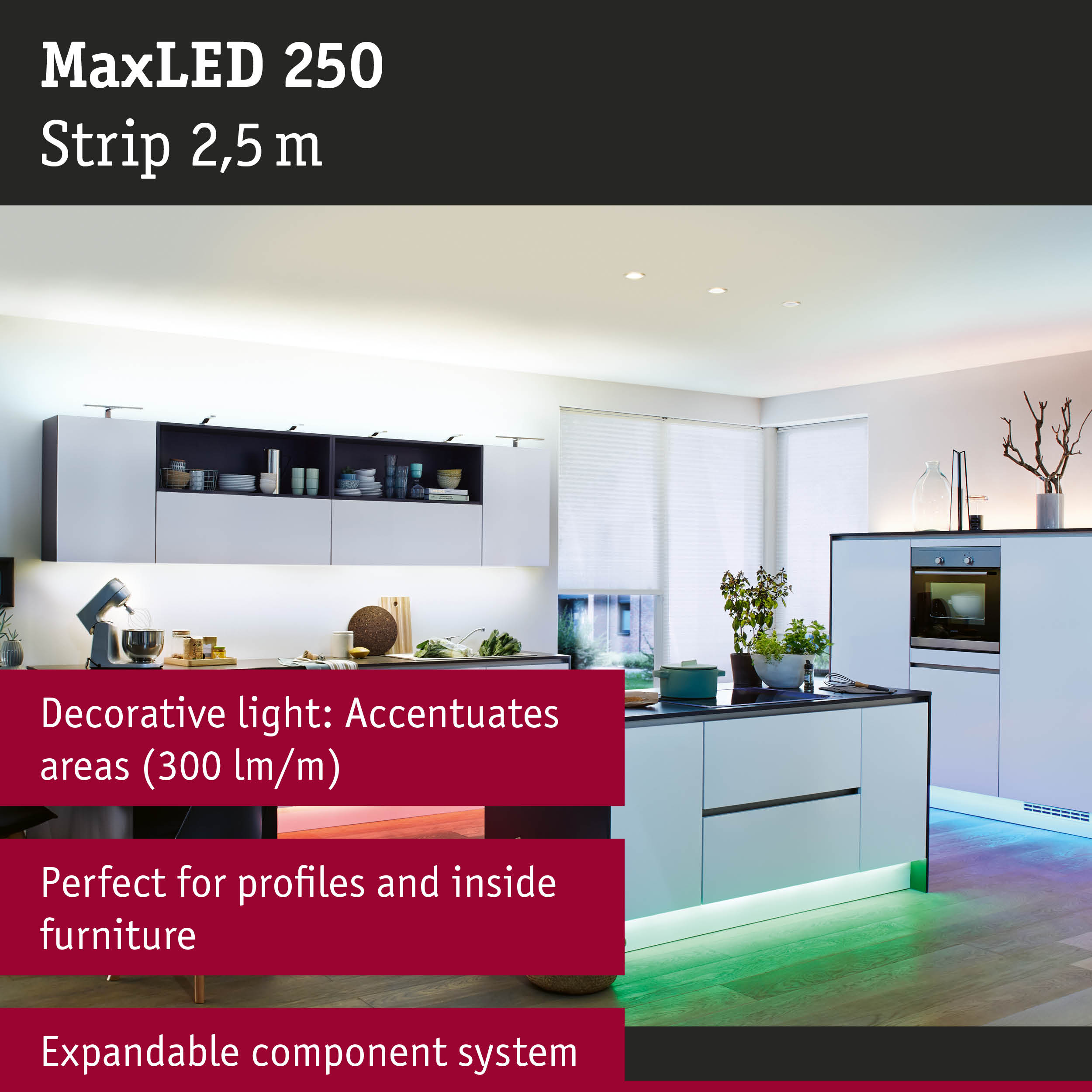 Modern kitchen featuring MaxLED 250 white LED strip with colorful under-cabinet floor lighting
