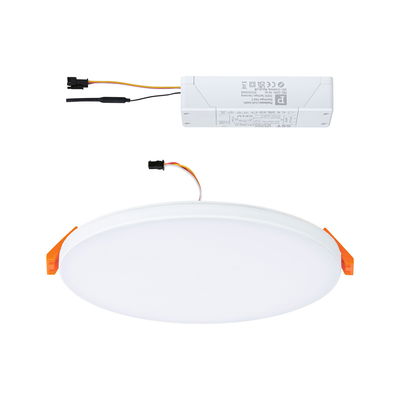 Rundes weißes LED-Panel mit integriertem Treiber und orangefarbenen Halteklammern für Deckenmontage