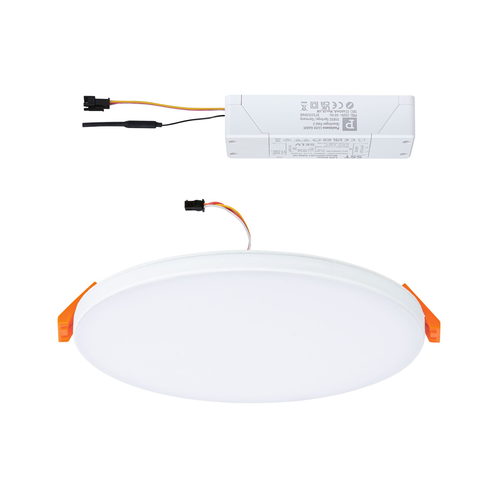 Round LED recessed panel with white plastic housing and orange mounting clips for ceiling installation
