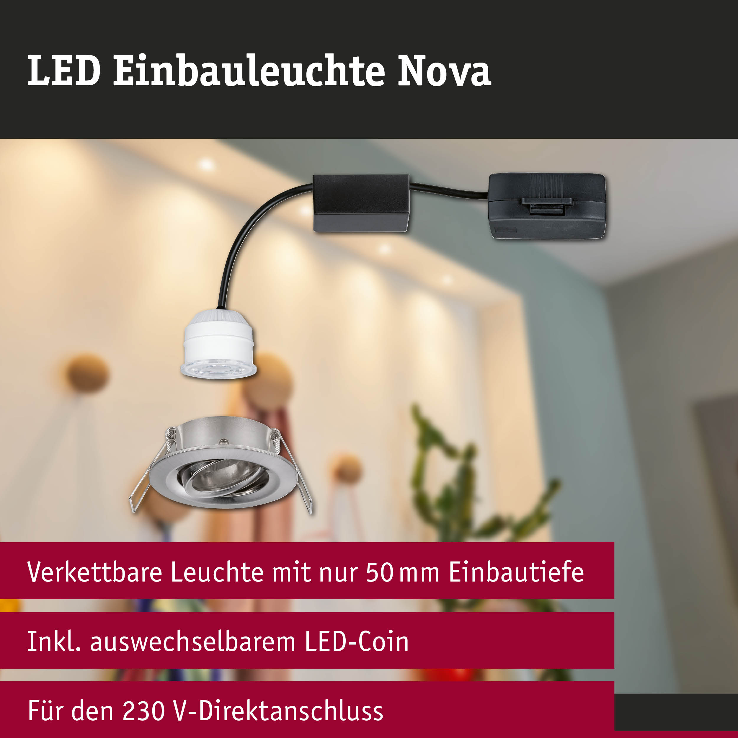 LED Einbauleuchte Nova aus Metall in Silber mit 50 mm Einbautiefe und austauschbarem LED-Coin