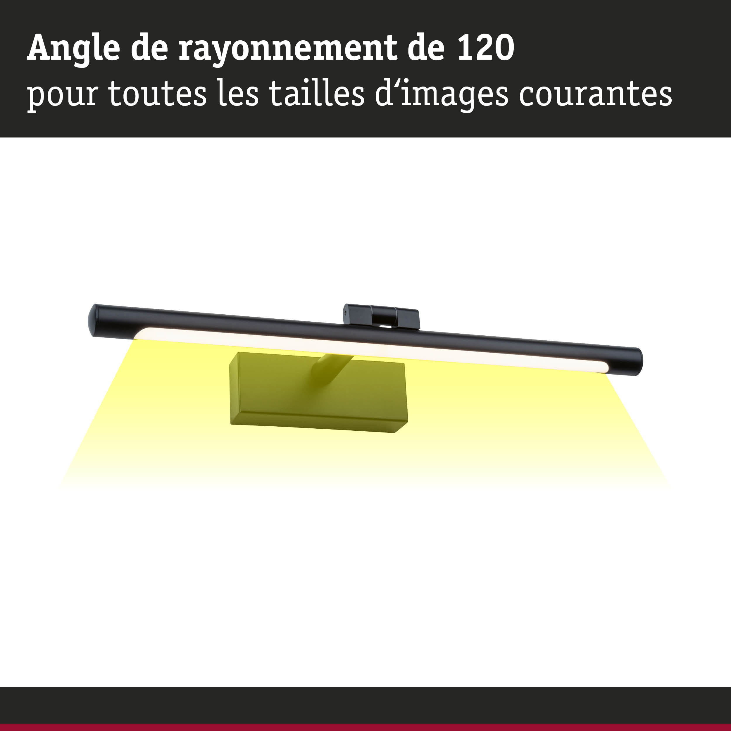 Applique LED noire avec angle de rayonnement de 120 degrés et projection lumineuse jaune pour décoration murale