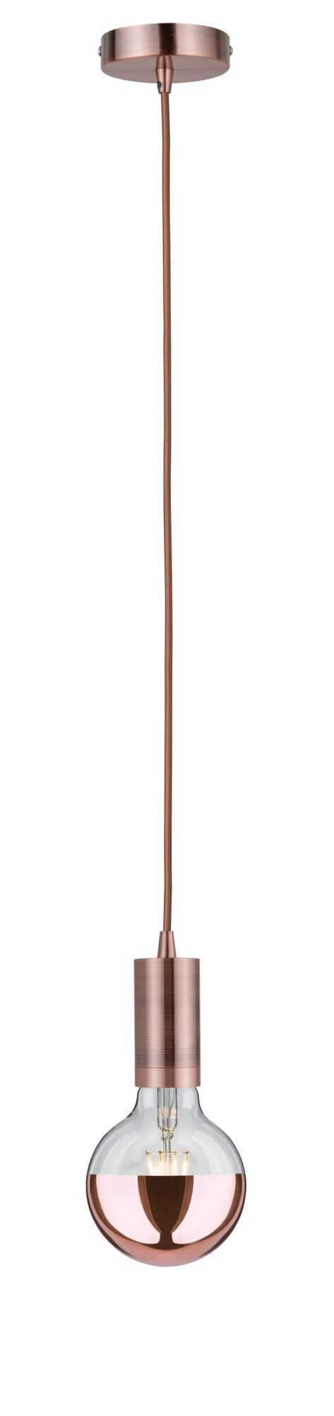 Pendant light with copper socket and half-mirrored glass bulb for stylish modern interiors