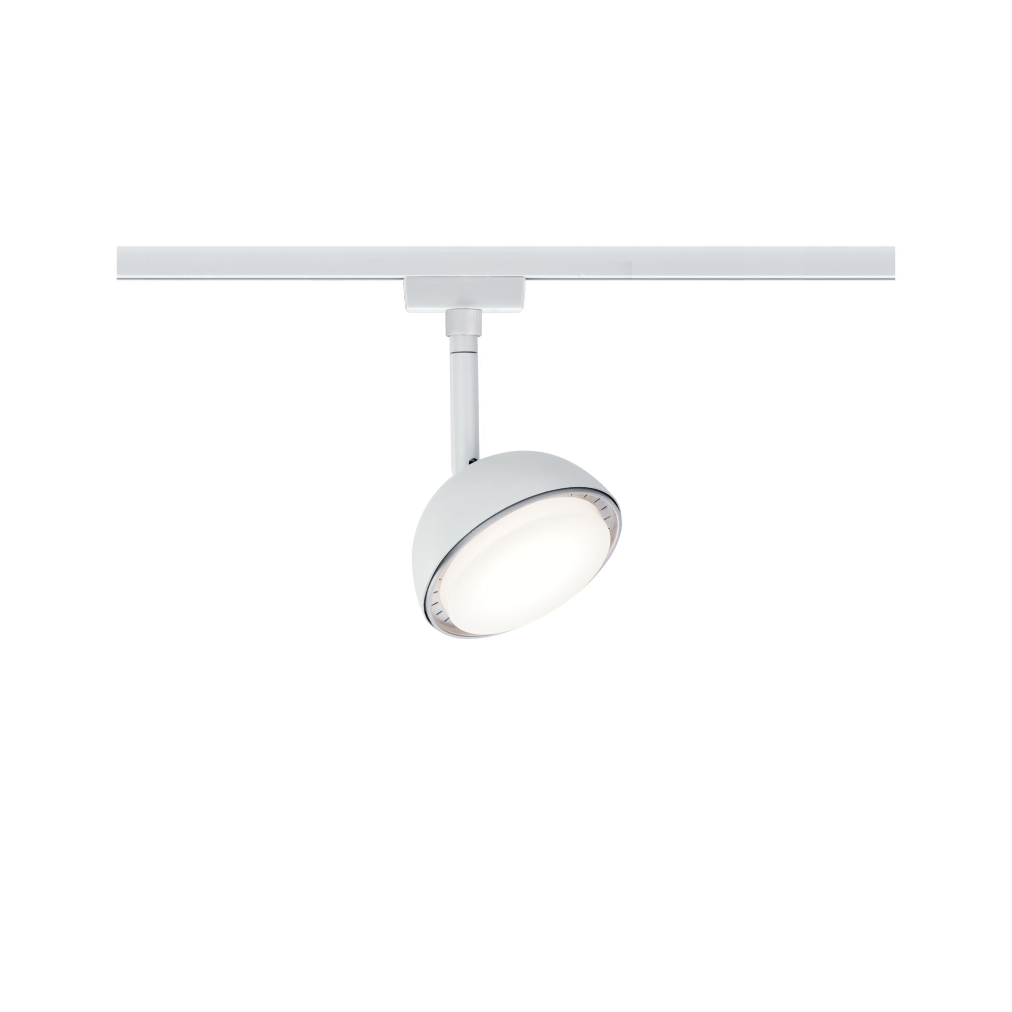 Moderner weißer LED-Strahler aus Metall für Schienensystem mit rundem Leuchtkopf und warmweißem Licht