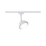 Moderner weißer LED-Strahler aus Metall für Schienensystem mit rundem Leuchtkopf und warmweißem Licht