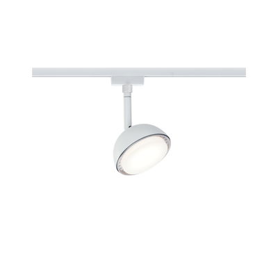 Moderner weißer LED-Strahler aus Metall für Schienensystem mit rundem Leuchtkopf und warmweißem Licht