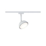 Moderner weißer LED-Strahler aus Metall für Schienensystem mit rundem Leuchtkopf und warmweißem Licht