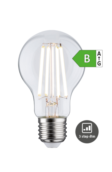 Klarer LED-Glühbirne mit E27-Fassung und Energieeffizienzklasse B, 3-Stufen-Dimmfunktion