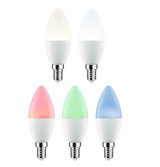 Five E14 LED candle bulbs in white, warm white, cool white, red, green, and blue for decorative lighting
