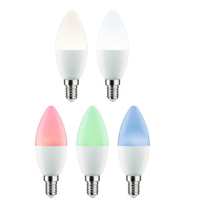 Five E14 LED candle bulbs in white, warm white, cool white, red, green, and blue for decorative lighting