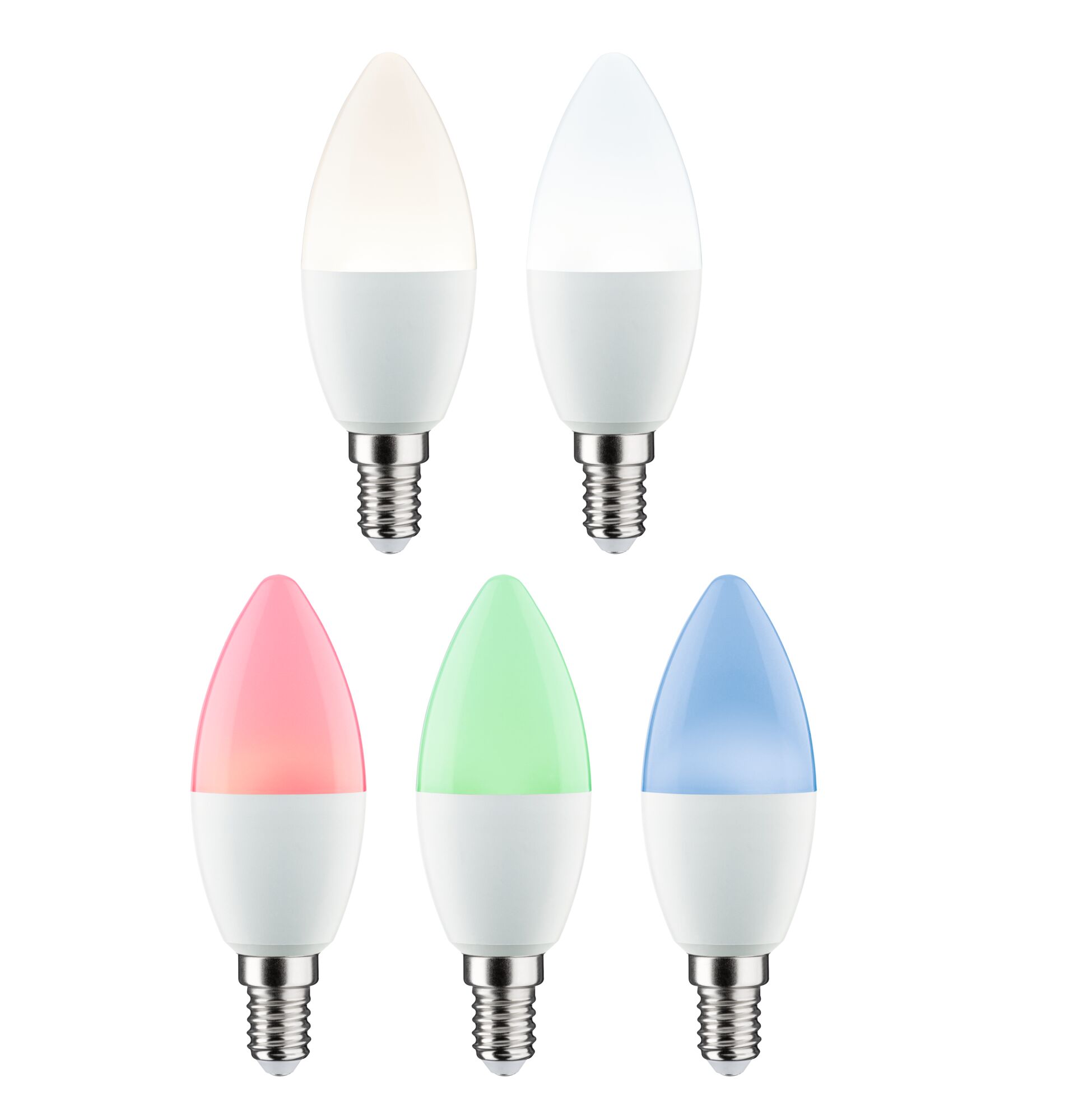 Fünf LED-Kerzenlampen mit E14-Fassung in Weiß, warmweiß, kaltweiß, Rot, Grün und Blau für dekorative Beleuchtung