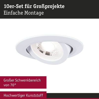 Weißer Einbaustrahler aus hochwertigem Kunststoff mit 70° Schwenkbereich für flexible Beleuchtung