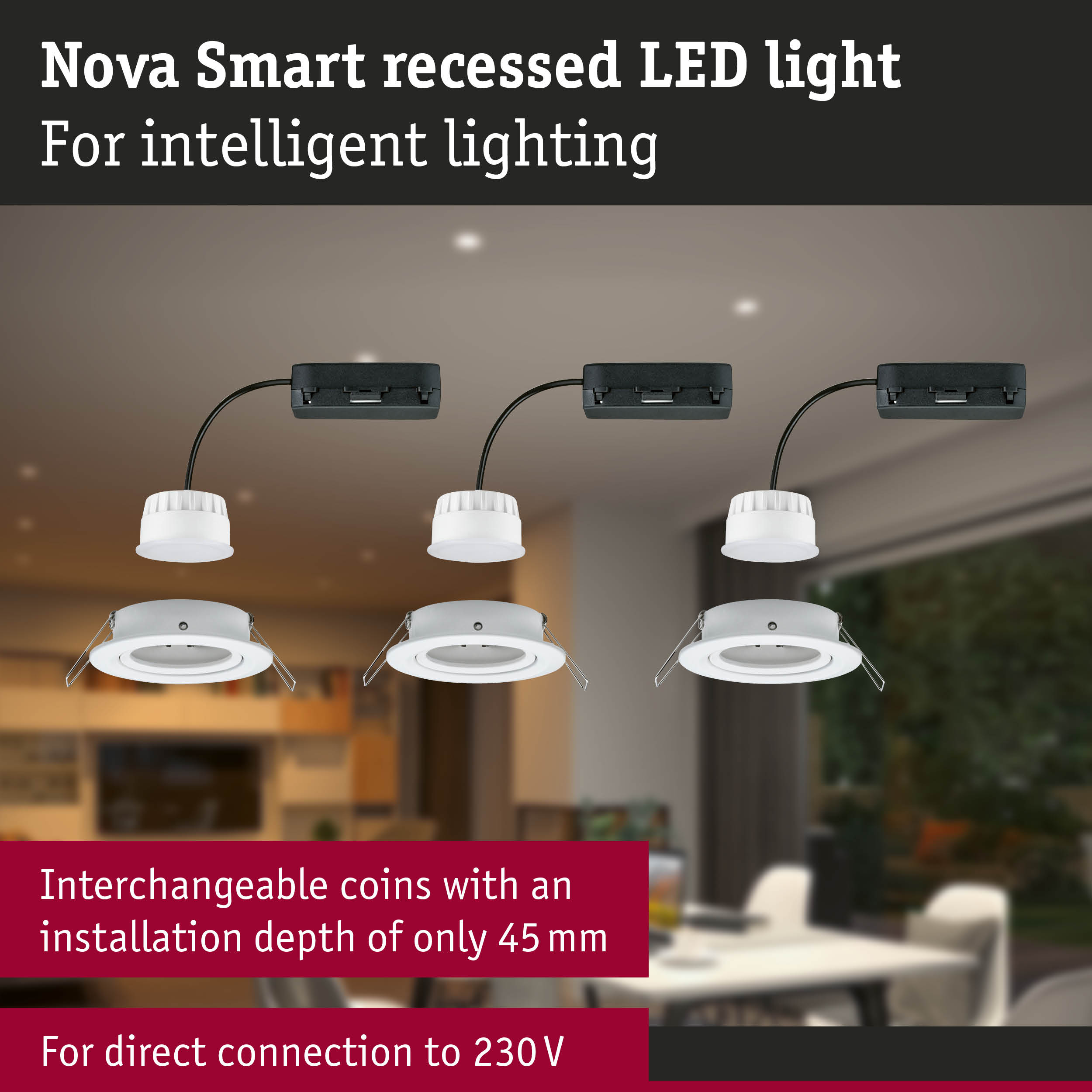 Nova Smart white recessed LED lights with black cable for intelligent home lighting