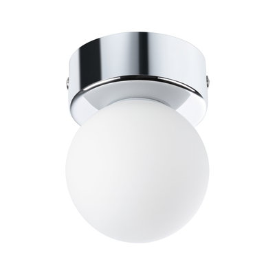 Rund loftlampe med hvidt glas og krommet metal til moderne belysning