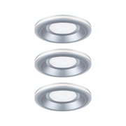 Drei runde LED-Einbaustrahler aus silbernem Aluminium mit weißem Lichtband für moderne Raumbeleuchtung