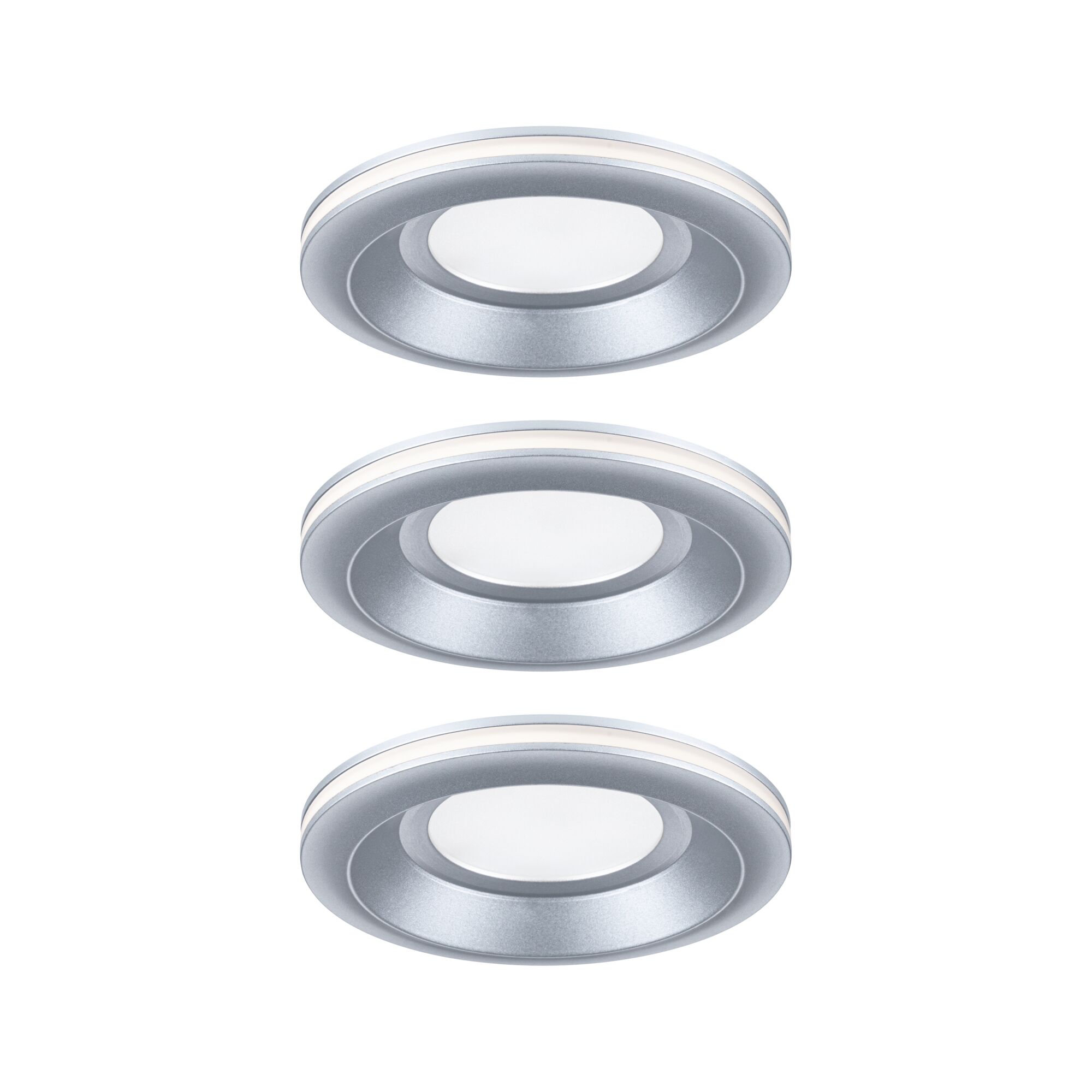 Drei runde LED-Einbaustrahler aus silbernem Aluminium mit weißem Lichtband für moderne Raumbeleuchtung