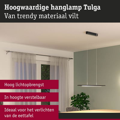 Moderne zwarte hanglamp Tulga van vilt, in hoogte verstelbaar, ideaal voor verlichting van de eettafel