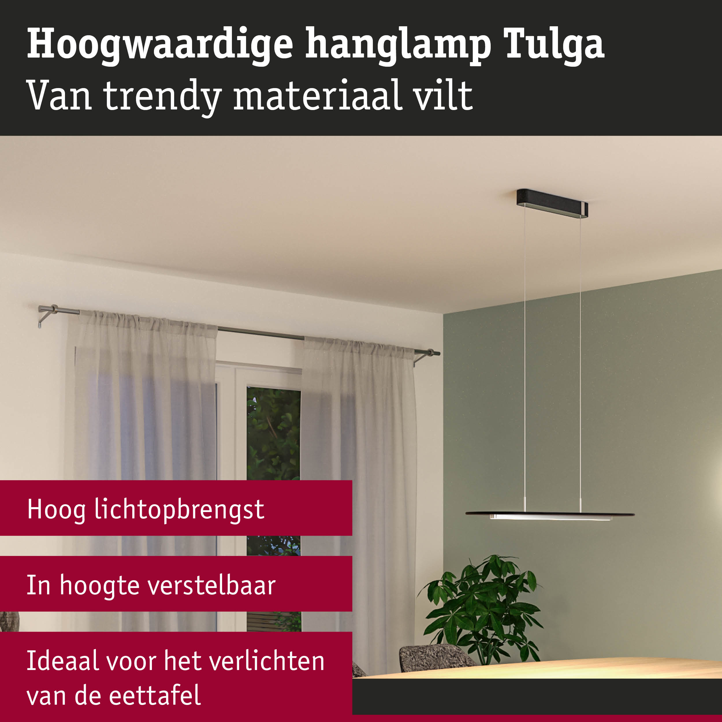 Moderne hanglamp Tulga van zwart vilt, in hoogte verstelbaar, ideaal voor verlichting van de eettafel