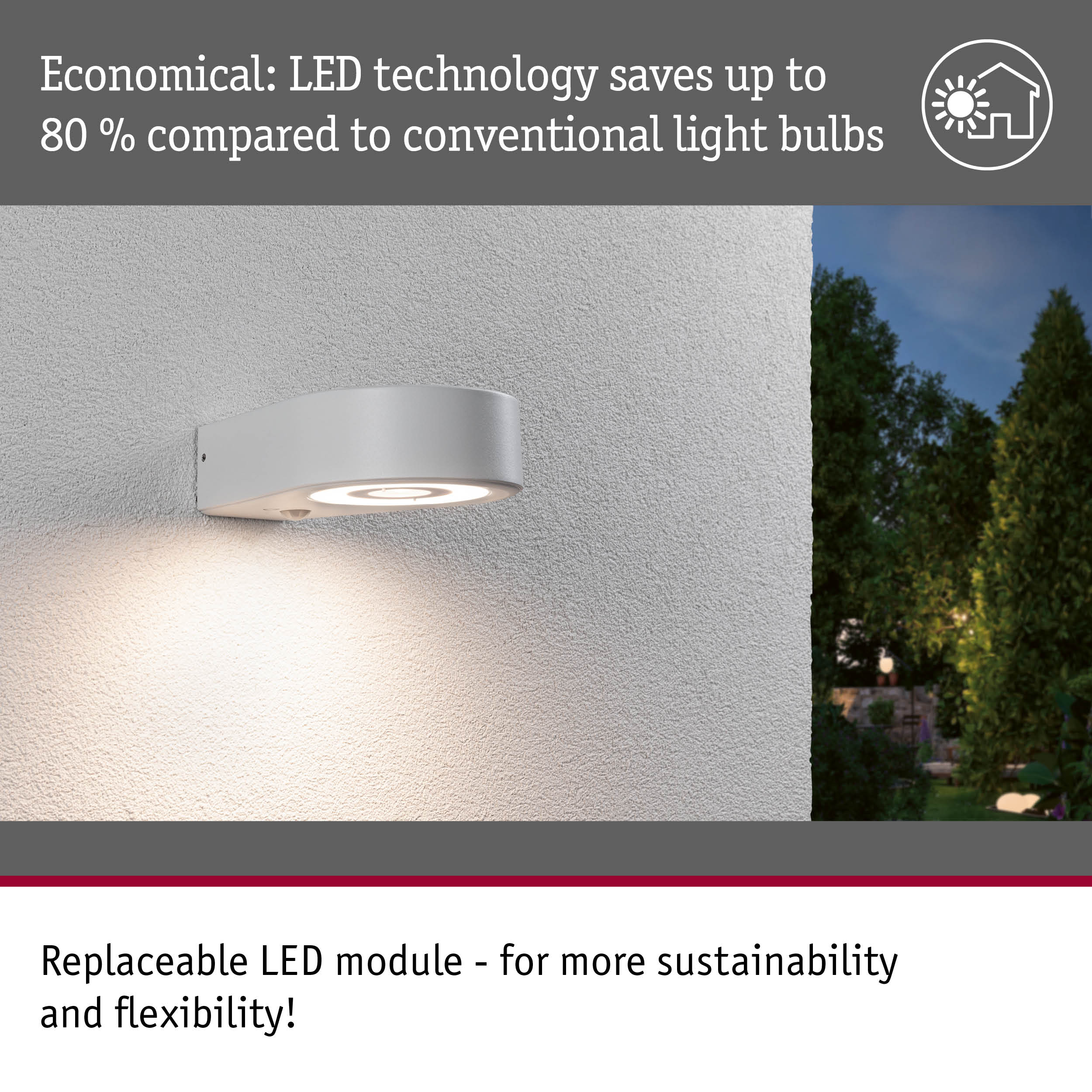 Modern grey metal LED outdoor wall light with energy-saving illumination mounted on house wall