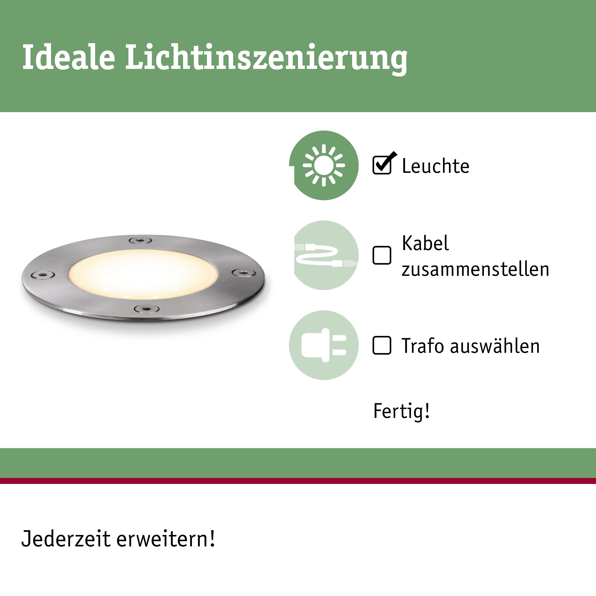 Runde LED-Einbauleuchte aus gebürstetem Edelstahl mit warmweißem Licht für Innen- und Außenbereiche