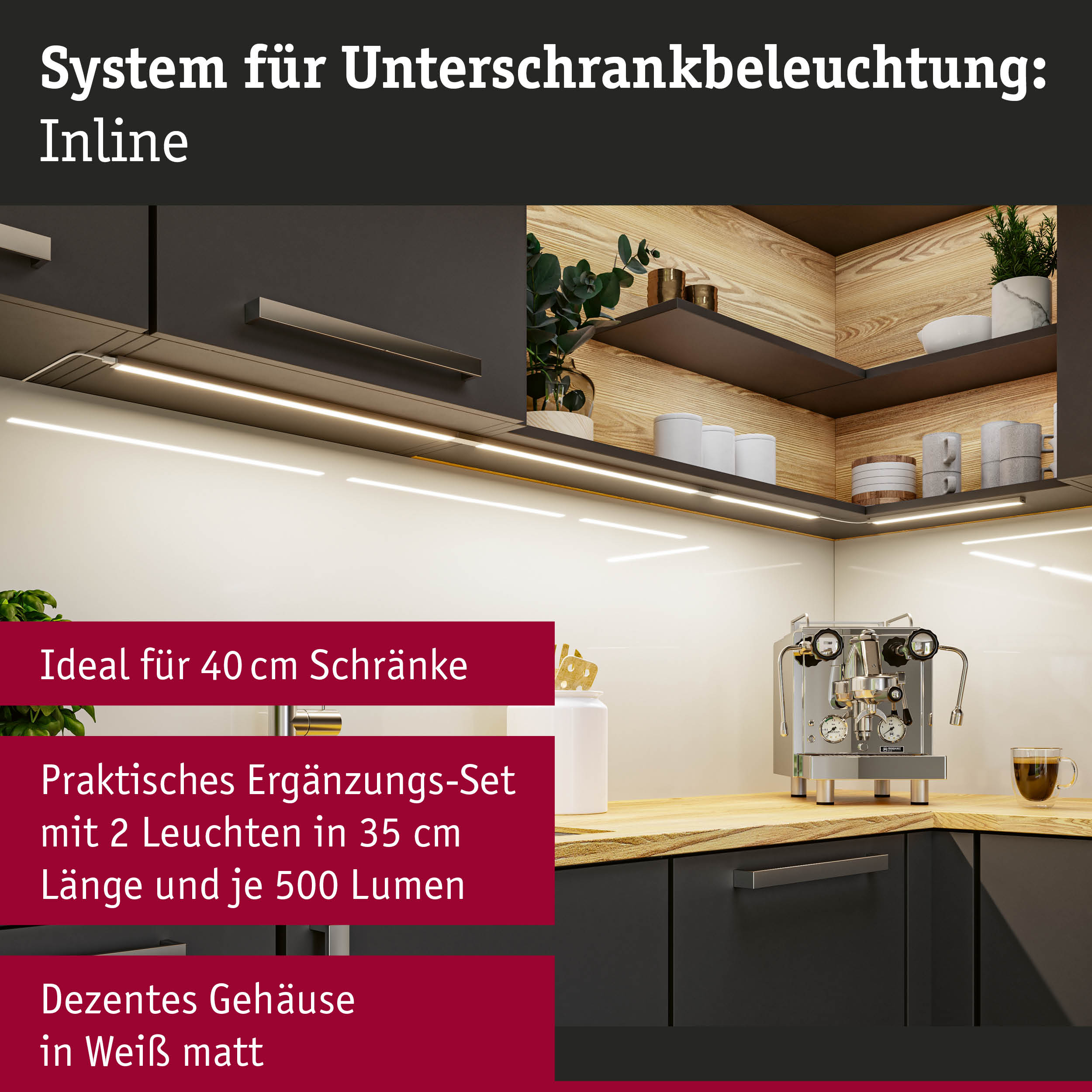 Küchenunterbauleuchte Inline mit mattem weißen Gehäuse und 500 Lumen für 40 cm Schränke