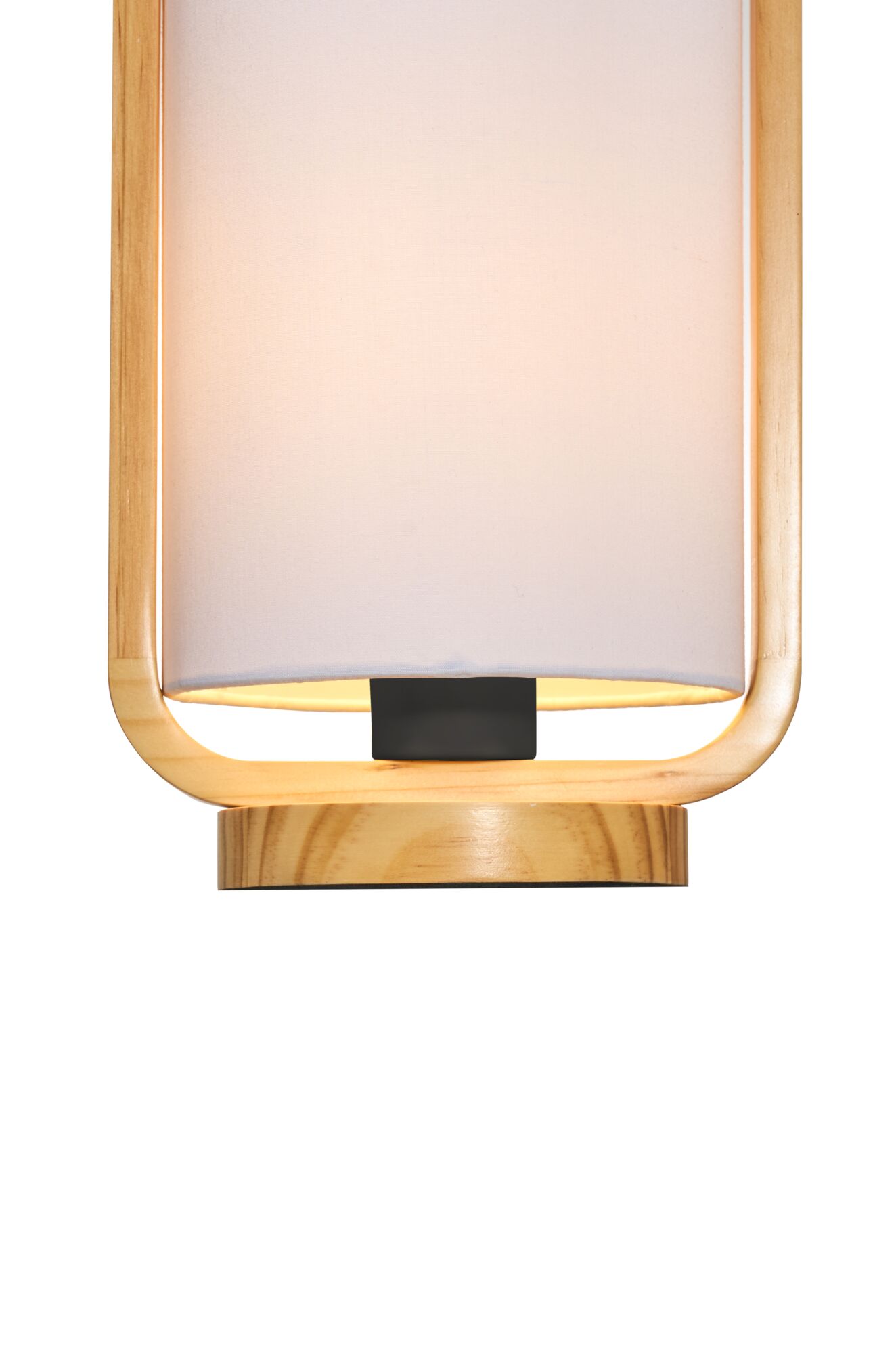 Modern table lamp with light fabric shade and natural wood frame for cozy living spaces