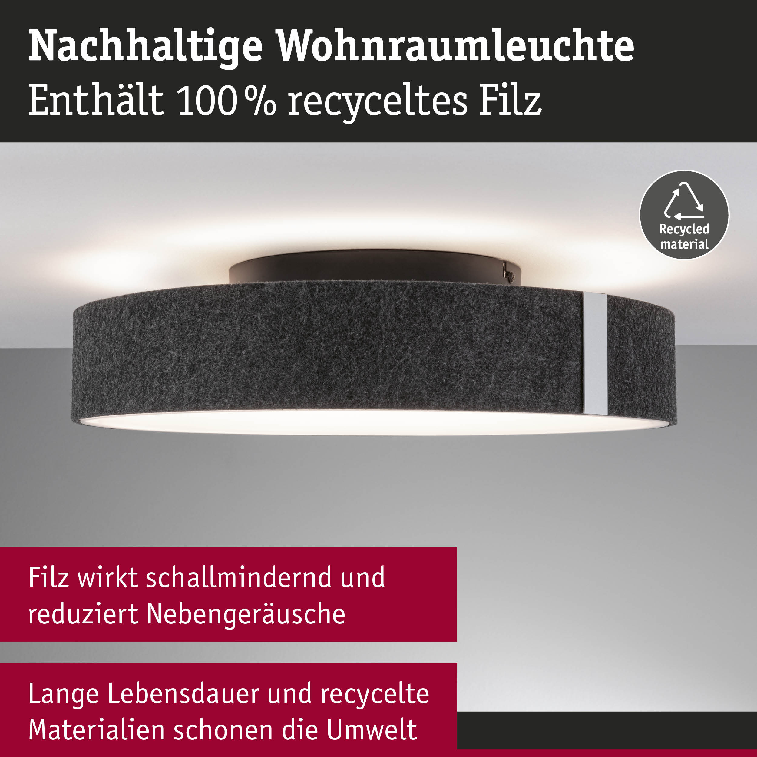Nachhaltige Wohnraumleuchte mit grauem Filz aus 100% recyceltem Material, energiesparende Deckenlampe