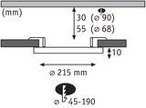 Teknisk tegning med mål af rundt indbygningsbelysningssystem med 215 mm diameter.