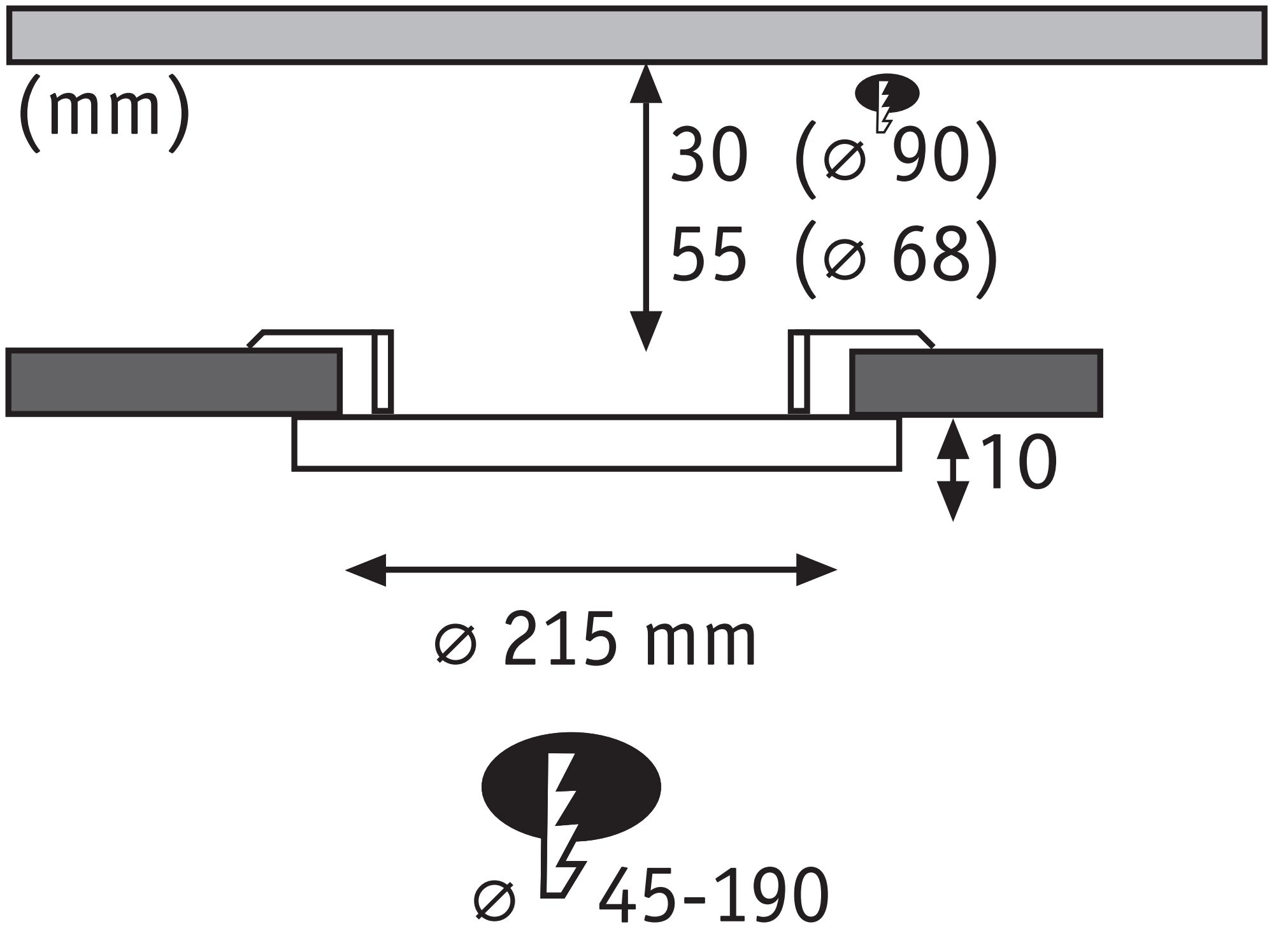 Technical drawing showing dimensions of round recessed lighting system with 215 mm diameter.