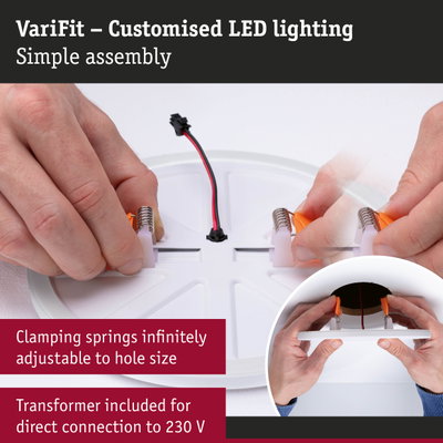 VariFit white plastic LED downlight with clamping springs for easy installation and adjustable fitting