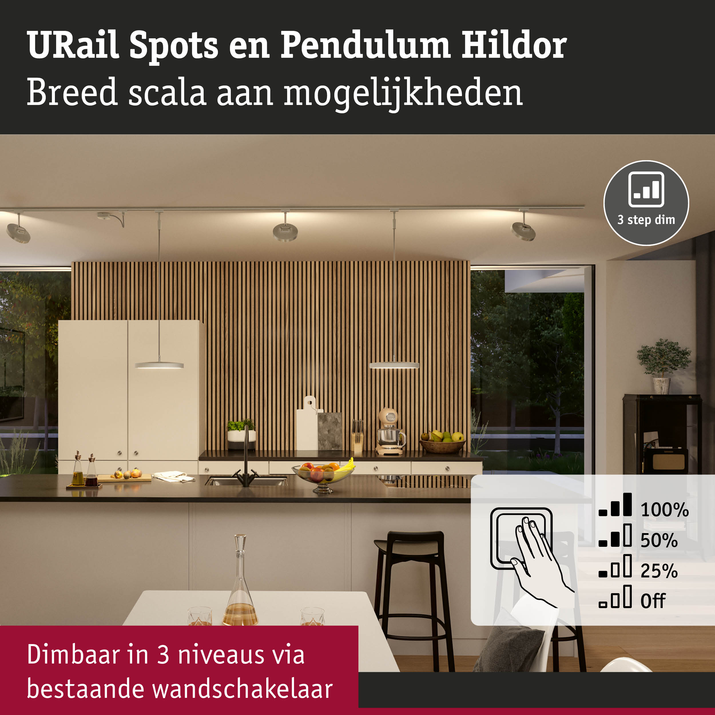 Moderne witte URail Spots en Pendulum Hildor verlichting met houten paneelwand en dimbare functie