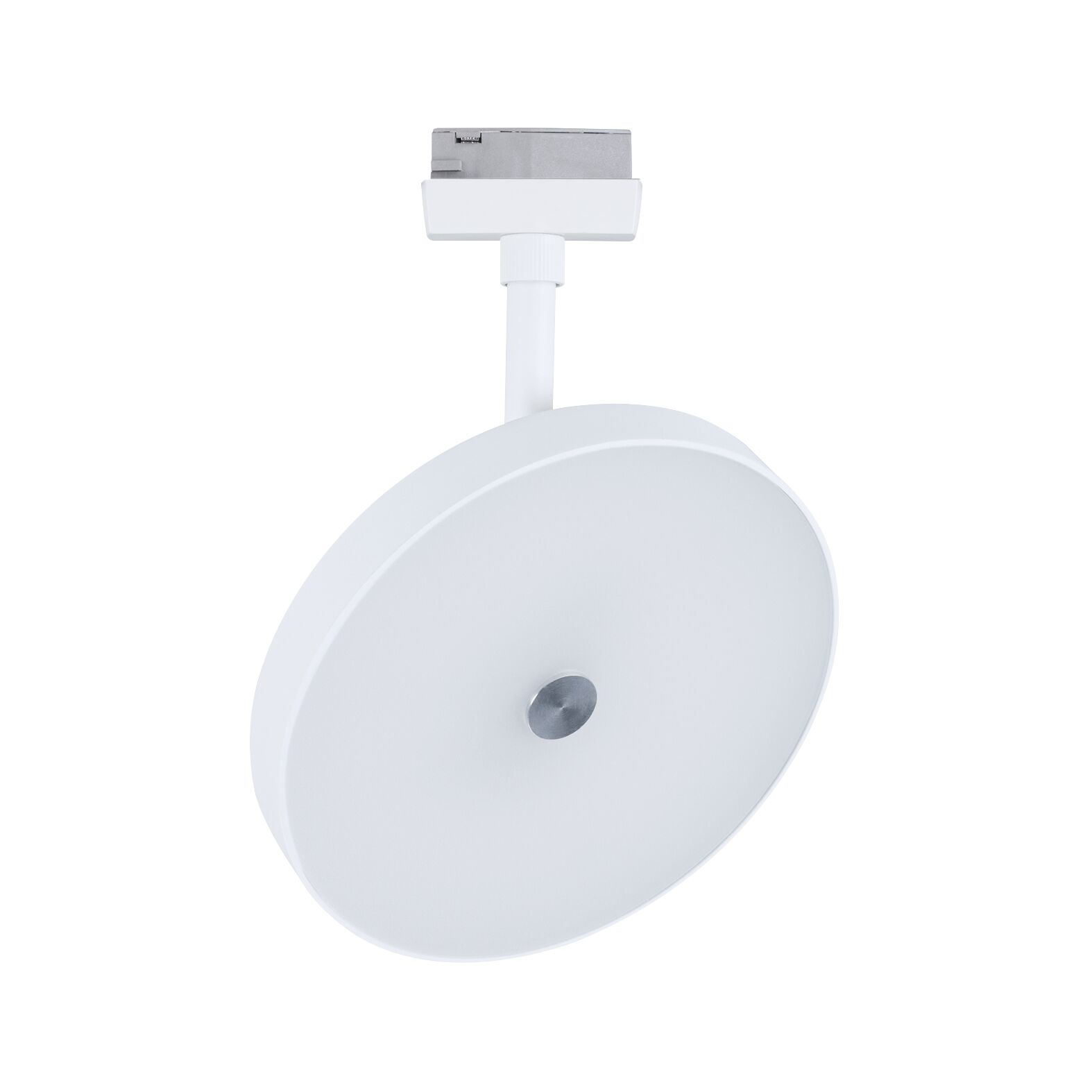 Round white metal LED track light with modern design, suitable for indoor lighting solutions