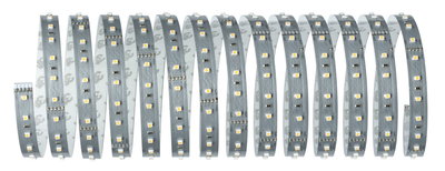 Flexible LED strip with white LEDs on grey base for modern lighting accents and decoration.