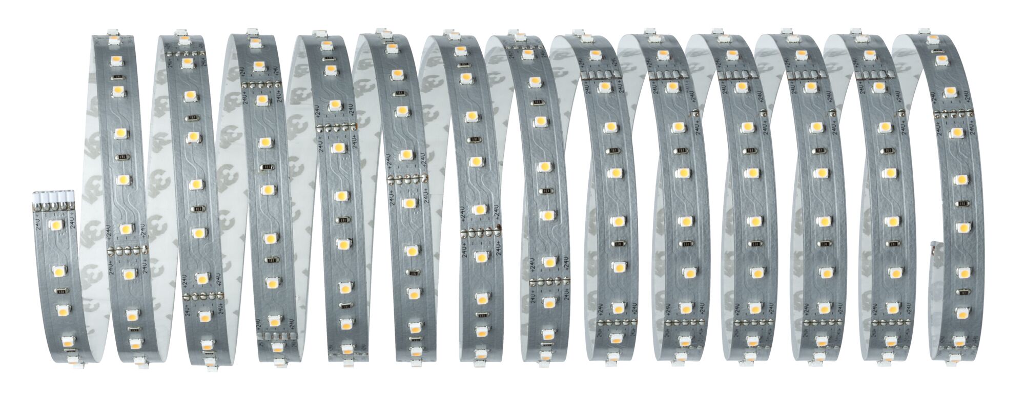 Flexibler LED-Streifen mit weißen LEDs auf grauem Trägerband für moderne Lichtakzente.