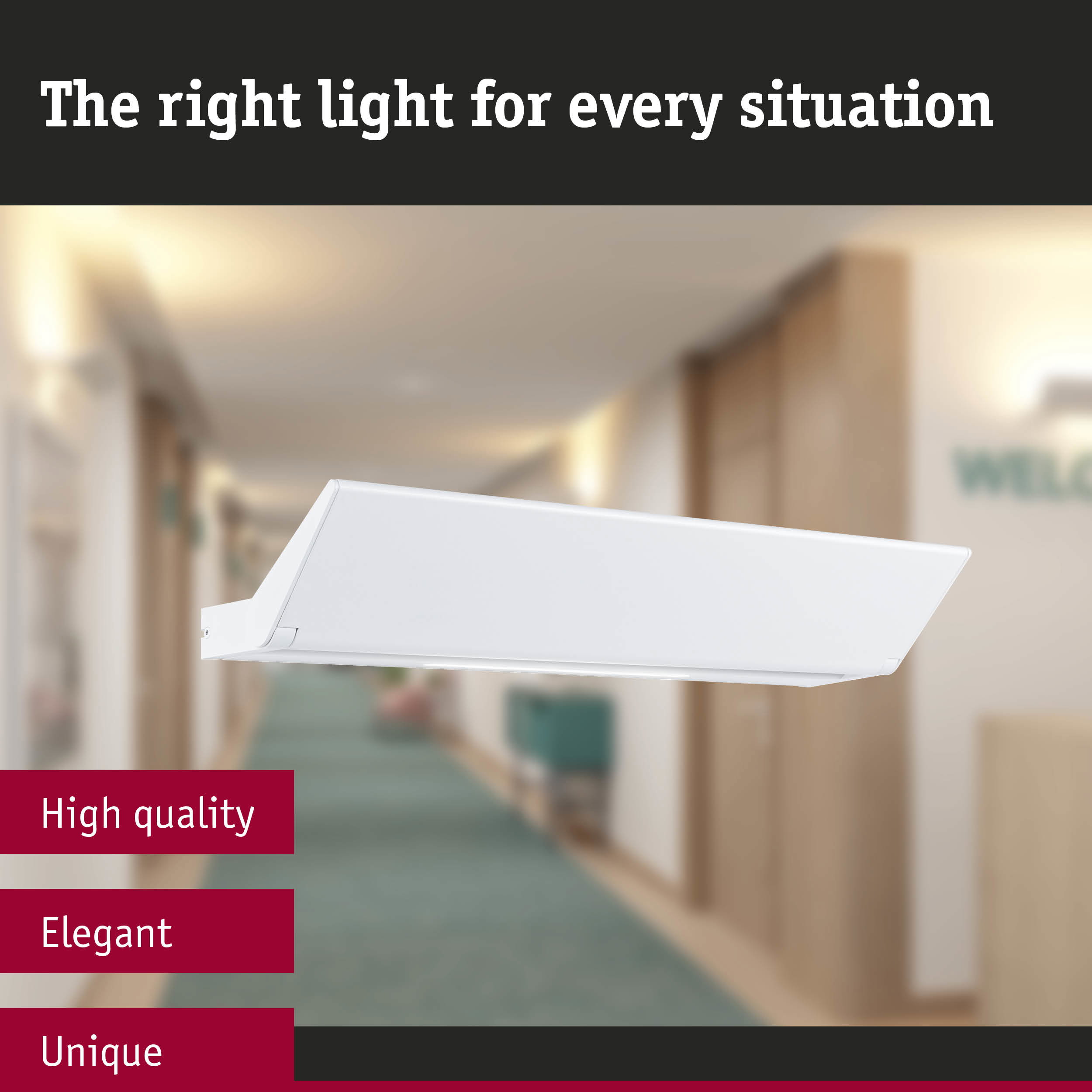 White modern LED ceiling spotlight made of plastic in hallway with high-quality elegant lighting