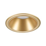 Round recessed light fixture in gold metal with white diffuser for ambient home lighting