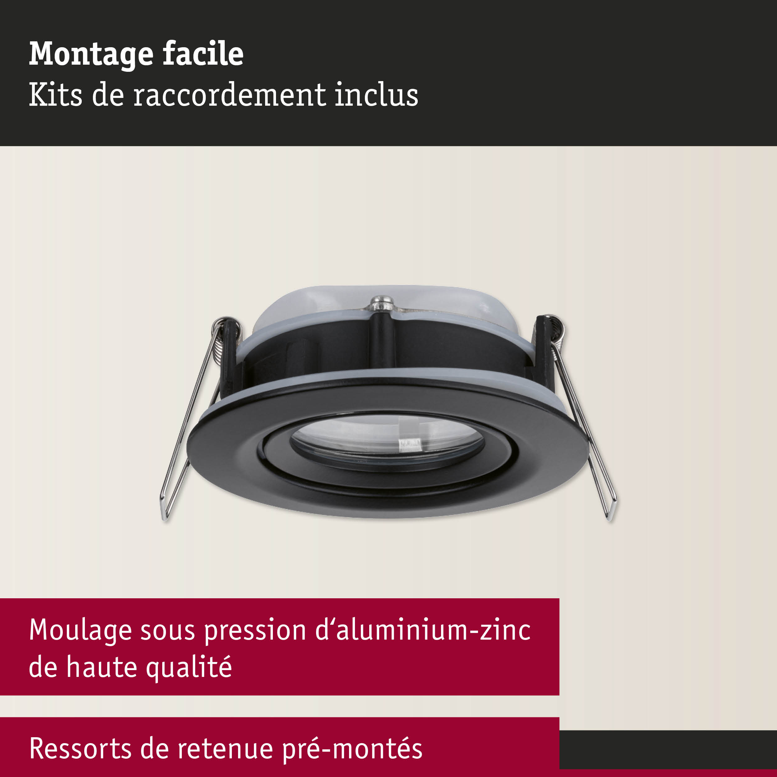 Spot encastré noir en aluminium-zinc avec ressorts et lentille en verre pour montage facile