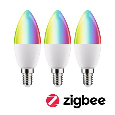 Three Zigbee RGB LED bulbs with colorful gradient caps and E14 base for smart home lighting solutions